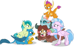 Size: 5273x3388 | Tagged: safe, artist:frownfactory, gallus, ocellus, sandbar, silverstream, smolder, yona, changedling, changeling, classical hippogriff, dragon, earth pony, griffon, hippogriff, pony, yak, g4, school raze, absurd resolution, argument, bow, cloven hooves, colored hooves, dragoness, female, flying, frown, hair bow, jewelry, male, monkey swings, necklace, open mouth, simple background, sitting, stallion, student six, talking, teenager, teeth, transparent background, vector