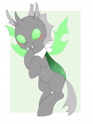 Size: 1544x2048 | Tagged: safe, artist:ginmaruxx, oc, oc only, changeling, pony, bandana, blushing, changeling oc, cute, cuteling, fangs, flying, green changeling, holeless, partial background, simple background, smiling, solo