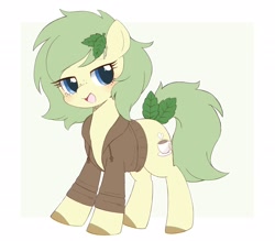 Size: 2048x1797 | Tagged: safe, artist:ginmaruxx, oc, oc only, earth pony, pony, clothes, earth pony oc, female, freckles, hoodie, leaf, looking at you, mare, open mouth, partial background, simple background, solo