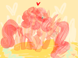Size: 1304x970 | Tagged: safe, artist:trottyhoof, carrot top, fluttershy, golden harvest, earth pony, pegasus, pony, g4, blushing, female, fluttertop, holiday, lesbian, mare, nuzzling, shipping, valentine's day