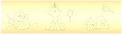 Size: 2500x703 | Tagged: safe, artist:sherwoodwhisper, oc, oc only, oc:eri, oc:whisper, mouse, pony, unicorn, brush, brushie, brushing, brushing mane, brushing tail, female, filly, foal, gradient, male, monochrome, offscreen character, offscreen male, sepia