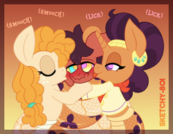 Size: 4000x3100 | Tagged: safe, artist:snakeythingy, pear butter, saffron masala, oc, oc:sketchy dupe, lamia, original species, snake, snake pony, g4, blushing, coiling, coils, female, hypnosis, kissing, lamiafied, licking, lucky bastard, male, species swap, straight, tongue out