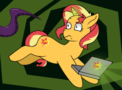 Size: 770x568 | Tagged: source needed, safe, artist:str8aura-draws-horses-and-stuff, sunset shimmer, pony, unicorn, twilight sparkle's secret shipfic folder, g4, computer, jumping, laptop computer, multiverse, shocked, shocked expression, solo, tentacles, wide eyes