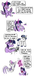 Size: 1246x2753 | Tagged: safe, artist:aarops, shining armor, smarty pants, twilight sparkle, twilight velvet, alicorn, pony, unicorn, g4, comic, concerned, confused, copypasta, crying, dialogue, levitation, magic, scared, simple background, spread wings, sweat, telekinesis, twilight sparkle (alicorn), wat, white background, wide eyes, wings