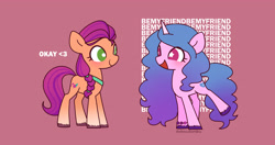 Size: 4096x2160 | Tagged: safe, artist:tomi_ouo, izzy moonbow, sunny starscout, earth pony, pony, unicorn, g5, my little pony: a new generation, blushing, bracelet, cute, duo, excited, female, happy, jewelry, looking at each other, looking at someone, mare, motormouth, obscured text, okay, simple background, smiling, starry eyes, text, wingding eyes