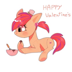 Size: 1280x1280 | Tagged: safe, artist:destroyer_aky, oc, oc only, earth pony, pony, bowl, chef's hat, chocolate, earth pony oc, female, food, happy valentines day, hat, looking at something, mare, simple background, solo, tongue out, white background