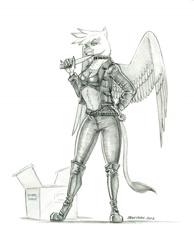 Size: 1000x1288 | Tagged: safe, artist:baron engel, gilda, griffon, anthro, unguligrade anthro, g4, abs, box, breasts, busty gilda, clothes, collar, grayscale, implied rarity, jacket, leather jacket, midriff, monochrome, pencil drawing, signature, solo, story in the source, story included, traditional art
