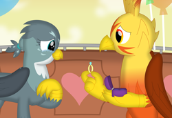 Size: 3513x2396 | Tagged: safe, artist:porygon2z, gabby, oc, oc:blaze, griffon, g4, canon x oc, crying, engagement ring, female, high res, holiday, jewelry, male, marriage proposal, ring, ship:blabby, straight, tears of joy, valentine's day