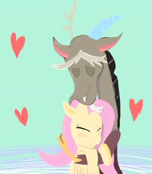 Size: 2450x2800 | Tagged: safe, artist:kirinaddison, discord, fluttershy, draconequus, pegasus, pony, g4, abstract background, blushing, drawing, duo, eyes closed, female, heart, high res, holiday, hug, male, mare, ship:discoshy, shipping, straight, valentine's day