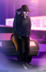 Size: 5120x8000 | Tagged: safe, artist:difis, oc, anthro, car, clothes, commission, glasses, hoodie, monster energy, smoking, solo, synthwave