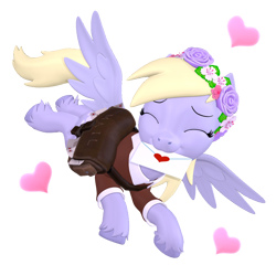 Size: 1024x1024 | Tagged: safe, artist:owlpirate, derpy hooves, pegasus, pony, g4, 3d, cute, derpabetes, envelope, eyes closed, female, floating heart, floral head wreath, flower, flying, heart, holiday, mailmare, mailmare uniform, mare, open mouth, simple background, solo, source filmmaker, spread wings, transparent background, unshorn fetlocks, valentine's day, wings