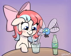 Size: 1881x1482 | Tagged: safe, artist:heretichesh, oc, oc only, oc:fizzie, earth pony, parasprite, pony, blushing, bow, drink, drinking, drinking straw, female, filly, foal, freckles, hair bow, soda, solo