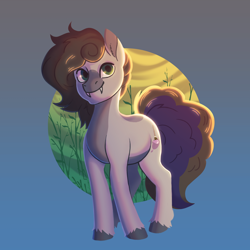 Size: 1800x1800 | Tagged: safe, artist:bananabrain, oc, oc only, oc:cj vampire, earth pony, pony, brown mane, brown tail, commission, ear fluff, fangs, grass, gray coat, green eyes, lineless, looking at you, nature, purple tail highlight, smiling, smiling at you, solo, sunset, tail, unshorn fetlocks, ych result