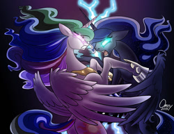Size: 1000x770 | Tagged: safe, artist:omny87, princess celestia, princess luna, alicorn, pony, g4, angry, blue mane, duel, ethereal mane, ethereal tail, female, fight, glowing, glowing eyes, hoof shoes, hooves, horn, jewelry, lightning, night, open mouth, peytral, rearing, regalia, royal sisters, siblings, signature, sisters, spread wings, tail, teeth, wings