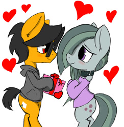 Size: 778x800 | Tagged: safe, artist:a.s.e, marble pie, oc, oc:a.s.e, earth pony, pony, g4, bipedal, canon x oc, clothes, couple, duo, female, glasses, happy, heart, hearts and hooves day, holiday, love, male, ponysona, present, shipping, simple background, smiling, straight, valentine's day, white background
