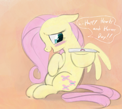 Size: 851x759 | Tagged: safe, artist:dotkwa, fluttershy, pegasus, pony, g4, abstract background, blushing, bronybait, cute, female, floppy ears, hearts and hooves day, holiday, mare, shyabetes, sitting, solo, talking to viewer, valentine, valentine's day