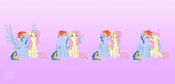 Size: 3840x1843 | Tagged: safe, artist:bluefeathercat, fluttershy, rainbow dash, pegasus, pony, g4, blushing, cheek kiss, exclamation point, eyes closed, female, floating heart, heart, heart eyes, hug, kissing, lesbian, open mouth, ship:flutterdash, shipping, smiling, spread wings, stretching, whistling, wingding eyes, winghug, wings, yawn