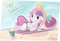 Size: 3714x2556 | Tagged: safe, artist:chaosllama, sweetie belle, pony, unicorn, g4, beach, beach ball, clothes, hat, high res, holiday, multicolored hair, sillybandz, smiling, swimsuit, valentine's day
