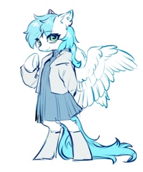 Size: 1000x1200 | Tagged: safe, artist:swaybat, oc, oc only, oc:cynosura, pegasus, semi-anthro, arm hooves, bipedal, clothes, dress, ear fluff, female, hoodie, mare, simple background, solo, white background