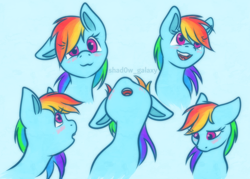 Size: 1400x1000 | Tagged: safe, artist:shad0w-galaxy, rainbow dash, pegasus, pony, :3, :o, blue background, blushing, bust, cute, dashabetes, dashstorm, doodle, expressions, female, floppy ears, happy, looking at you, looking down, looking up, mare, multicolored hair, nose in the air, one ear down, open mouth, portrait, rainbow hair, sad, simple background, sketch, sketch dump, smiling, solo
