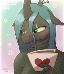 Size: 2435x2800 | Tagged: safe, artist:biskydraws, queen chrysalis, changeling, changeling queen, anthro, g4, blushing, clothes, female, green eyes, high res, holiday, solo, sweater, turtleneck, valentine's day