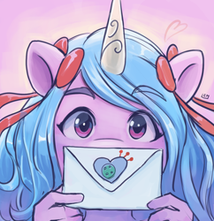 Size: 1200x1241 | Tagged: safe, artist:leomitsu, izzy moonbow, unicorn, anthro, g5, my little pony: a new generation, holiday, valentine's day, valentine's day card