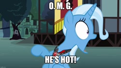 Size: 1280x720 | Tagged: safe, edit, edited screencap, screencap, trixie, pony, unicorn, g4, magic duel, alicorn amulet, caption, evil trixie, female, image macro, implied male, implied straight, jaw drop, juxtaposition bait, looking right, mare, meme, omg, raised hoof, shocked, solo, text