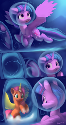 Size: 1600x3000 | Tagged: safe, artist:auroriia, sunny starscout, twilight sparkle, alicorn, pony, g5, my little pony: a new generation, alicornified, blue background, bubble, bubble helmet, crepuscular rays, feather, female, flowing mane, flowing tail, horn, mare, ocean, open mouth, portal, purple eyes, race swap, signature, simple background, smiling, spread wings, sunlight, sunnycorn, swimming, tail, twilight sparkle (alicorn), underwater, water, wings