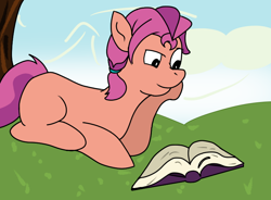 Size: 770x568 | Tagged: artist needed, source needed, safe, sunny starscout, earth pony, pony, twilight sparkle's secret shipfic folder, g5, my little pony: a new generation, book, hill, missing cutie mark, open book, reading, solo, tree