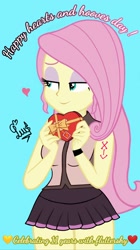 Size: 1080x1930 | Tagged: safe, artist:flutteryaylove, fluttershy, equestria girls, g4, blue background, clothes, female, heart, hearts and hooves day, miniskirt, simple background, skirt, smiling, solo, text