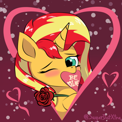 Size: 2000x2000 | Tagged: safe, artist:sugardotxtra, sunset shimmer, pony, unicorn, g4, blushing, flower, heart, high res, holiday, looking at you, one eye closed, rose, valentine's day, wink, winking at you