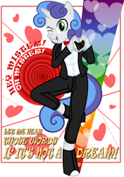 Size: 1200x1700 | Tagged: safe, artist:flash equestria photography, oc, oc:silver sweet, anthro, clothes, dancing, heart hands, love is war, tuxedo