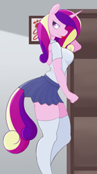 Size: 1387x2480 | Tagged: safe, artist:wild-thunder06, princess cadance, alicorn, anthro, g4, clothes, female, school uniform, skirt, socks, solo, stupid sexy princess cadance, thigh highs, tongue out