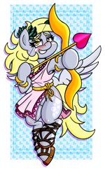Size: 1280x2130 | Tagged: safe, artist:outofworkderpy, derpy hooves, pegasus, pony, g4, arrow, blushing, blushing profusely, bow, clothes, cupid, cute, greek, greek clothes, heart, holiday, hoof sandals, roman, sandals, solo, toga