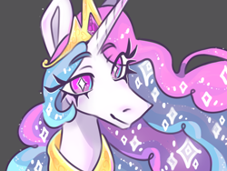 Size: 1280x960 | Tagged: safe, artist:domorri, princess celestia, alicorn, pony, g4, bust, eye clipping through hair, eyebrows, eyebrows visible through hair, female, gray background, mare, simple background, smiling, solo, wingding eyes