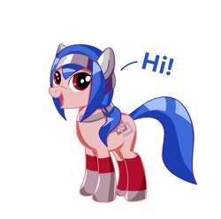 Size: 1328x1317 | Tagged: safe, artist:orinchi303, earth pony, pony, crosscode, female, latex, latex boots, lea (crosscode), mare, open mouth, open smile, ponified, simple background, smiling, solo, speech bubble, talking, white background
