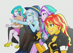 Size: 1845x1329 | Tagged: safe, alternate version, artist:orinchi303, princess celestia, principal celestia, starlight glimmer, sunset shimmer, trixie, equestria girls, g4, beanie, cheering, clothes, female, hat, high heels, meme, reaction guys, shoes, simple background, sitting, white background