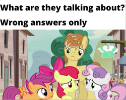 Size: 1281x1026 | Tagged: safe, edit, edited screencap, screencap, apple bloom, feather bangs, scootaloo, sweetie belle, earth pony, pegasus, pony, unicorn, g4, hard to say anything, cutie mark crusaders, female, filly, foal, male, meme, stallion, starlight's village, the cmc's cutie marks, wrong answers only