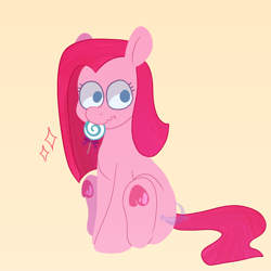 Size: 1440x1439 | Tagged: safe, artist:bluemoon, pinkie pie, earth pony, pony, g4, candy, cute, cuteamena, female, filly, foal, food, frog (hoof), lollipop, no pupils, pinkamena diane pie, simple background, sitting, solo, underhoof, wavy mouth, yellow background