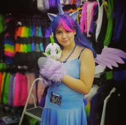 Size: 1080x1074 | Tagged: safe, artist:twilighttempest66, spike, twilight sparkle, human, g4, bare shoulders, clothes, cosplay, costume, irl, irl human, otakon, otakon 2014, photo, plushie, sleeveless