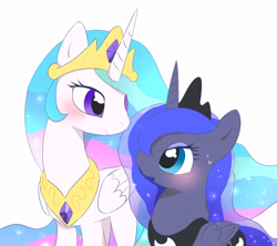 Size: 3600x3200 | Tagged: safe, artist:leo19969525, princess celestia, princess luna, alicorn, pony, g4, blushing, crown, cute, cutelestia, duo, female, high res, jewelry, looking at each other, looking at someone, lunabetes, mare, necklace, regalia, royal sisters, siblings, simple background, sisters, white background