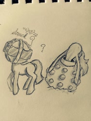 Size: 1920x2560 | Tagged: safe, artist:oldlunarlight, oc, unnamed oc, earth pony, pony, diving helmet, helmet, monochrome, question mark, sketch, stuck, traditional art