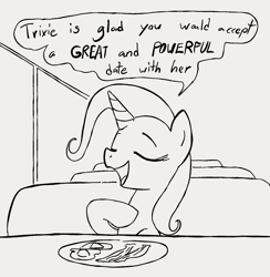 Size: 930x954 | Tagged: safe, artist:dotkwa, trixie, pony, unicorn, g4, bacon, egg (food), eyes closed, female, food, fried egg, grayscale, mare, meat, monochrome, open mouth, ponies eating meat, sitting, solo, speech bubble, talking to viewer