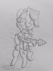 Size: 3096x4128 | Tagged: safe, artist:cherro, oc, oc only, oc:drillie, pony, unicorn, semi-anthro, arm hooves, bipedal, clothes, drill, solo, traditional art