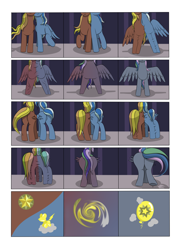 Size: 2904x4000 | Tagged: safe, artist:palibrik, oc, oc:gusty guide, oc:shocker streak, oc:wonder weather, alicorn, earth pony, pegasus, pony, unicorn, comic:securing a sentinel, alicorn oc, broken, butt, carousel boutique, comic, commissioner:bigonionbean, cutie mark, drunk, flank, forced, fused legs, fusion, fusion:compass star, fusion:evening star, fusion:party favor, fusion:thunderlane, high res, horn, large butt, magic, male, merge, merging, offscreen character, plot, ponyville, potion, sequence, shattered, shocked, simple background, stallion, tail, wings, writer:bigonionbean