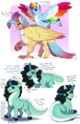 Size: 2200x3400 | Tagged: safe, artist:theartfox2468, princess skystar, rainbow dash, oc, oc:jade gemstone, classical hippogriff, dracony, hippogriff, hybrid, pegasus, pony, g4, my little pony: the movie, alternate hairstyle, cheek fluff, chest fluff, colored wings, crystal horn, female, high res, horn, interspecies offspring, mare, multicolored wings, offspring, parent:rarity, parent:spike, parents:sparity, rainbow wings, sharp teeth, short hair, star au, teeth, trio, wings