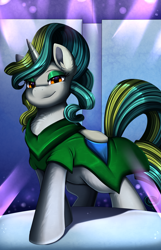 Size: 2650x4109 | Tagged: safe, artist:pridark, oc, oc only, oc:extravaganza, pony, unicorn, catwalk, clothes, commission, dress, eyeshadow, fashion, female, green eyeshadow, high res, horn, looking at you, makeup, mare, pose, solo, spotlight, unicorn oc