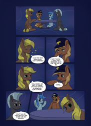 Size: 2904x4000 | Tagged: safe, artist:palibrik, compass star, evening star, party favor, thunderlane, oc, earth pony, pegasus, pony, unicorn, comic:securing a sentinel, g4, carousel boutique, comic, commissioner:bigonionbean, dialogue, drunk, hat, high res, horn, in his head, magic, male, offscreen character, ponyville, simple background, sitting, stallion, table, tail, wings, writer:bigonionbean