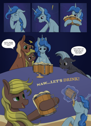 Size: 2904x4000 | Tagged: safe, artist:palibrik, compass star, evening star, party favor, thunderlane, oc, earth pony, pegasus, pony, unicorn, comic:securing a sentinel, g4, alcohol, beer mug, carousel boutique, comic, commissioner:bigonionbean, confusion, dialogue, drinking, drunk, hat, high res, horn, in his head, magic, male, mug, offscreen character, ponyville, salivating, simple background, sitting, stallion, table, tail, wings, writer:bigonionbean