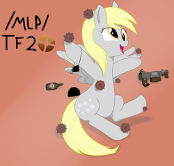 Size: 3568x3413 | Tagged: safe, artist:anonymous, derpy hooves, pegasus, pony, g4, /mlp/ tf2 general, belly, bottle, crossover, cute, high res, scrumpy, solo, sticky bomb, stickybomb launcher, team fortress 2